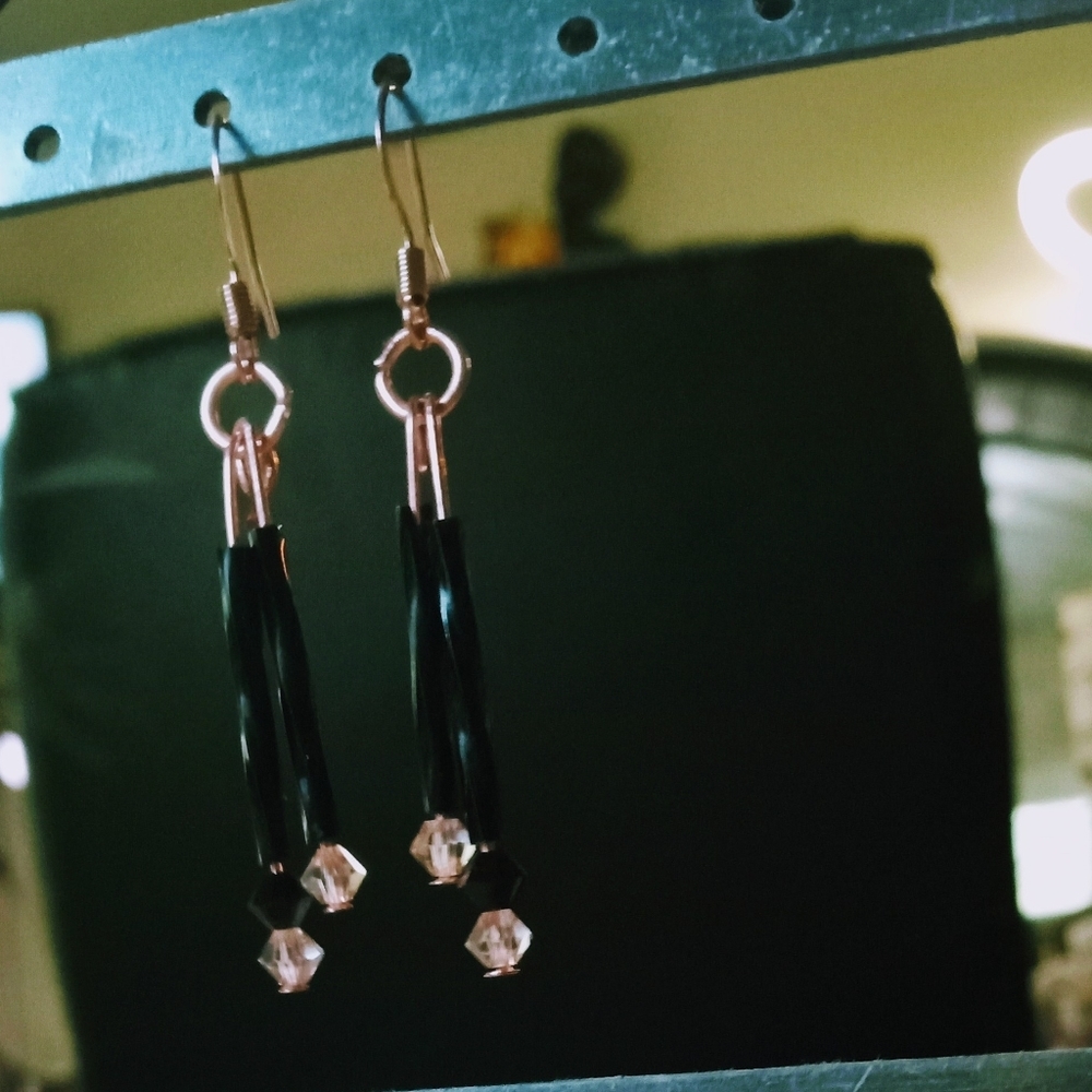 Rosey Gold and Black Crystal Dangle Earrings